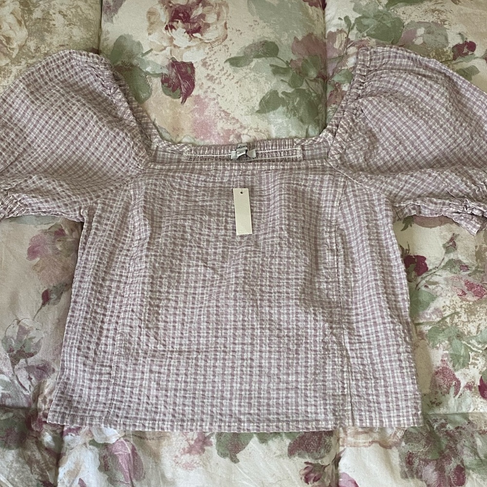 BRAND NEW XS Madewell Hopewell Seersucker Puff Sleeve Crop Top in Provence Grape